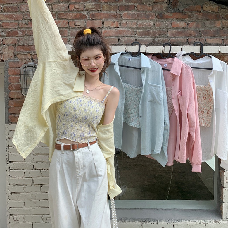 SUXI Set Áo Sơ Mi Tay Dài Màu Trơn + Áo Hoa Hai Dây Thời Trang Mùa Hè Cho Nữ