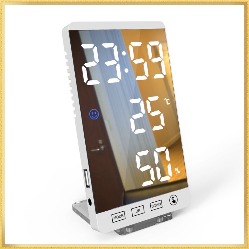 6 Inch Mirror LED Alarm Clock Touch Control Wall Digital Clock Time Temperature Humidity Display USB Desk Watch for Bedroom Home