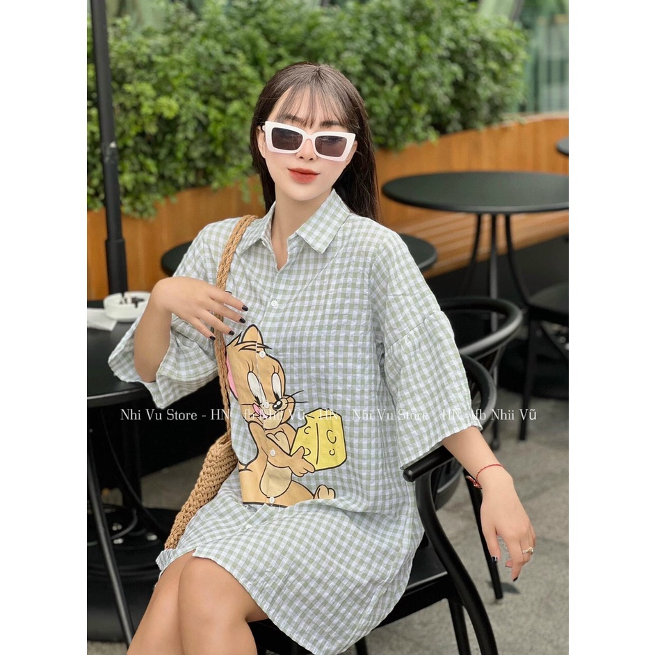 [10.10 Sales Freeship] Đầm sơ mi suông kẻ sọc in hình chuột jerry, đầm sơ mi tay lỡ basic đi chơi dễ thương dx