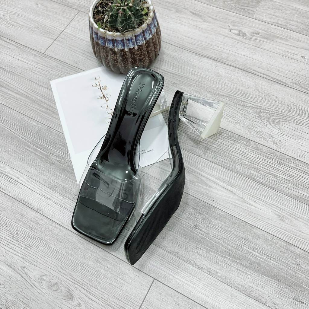 Dép Guốc nữ cao gót quai trong mika da bóng sandal đế tam giác 7cm lên chân siêu xinh HIBEE