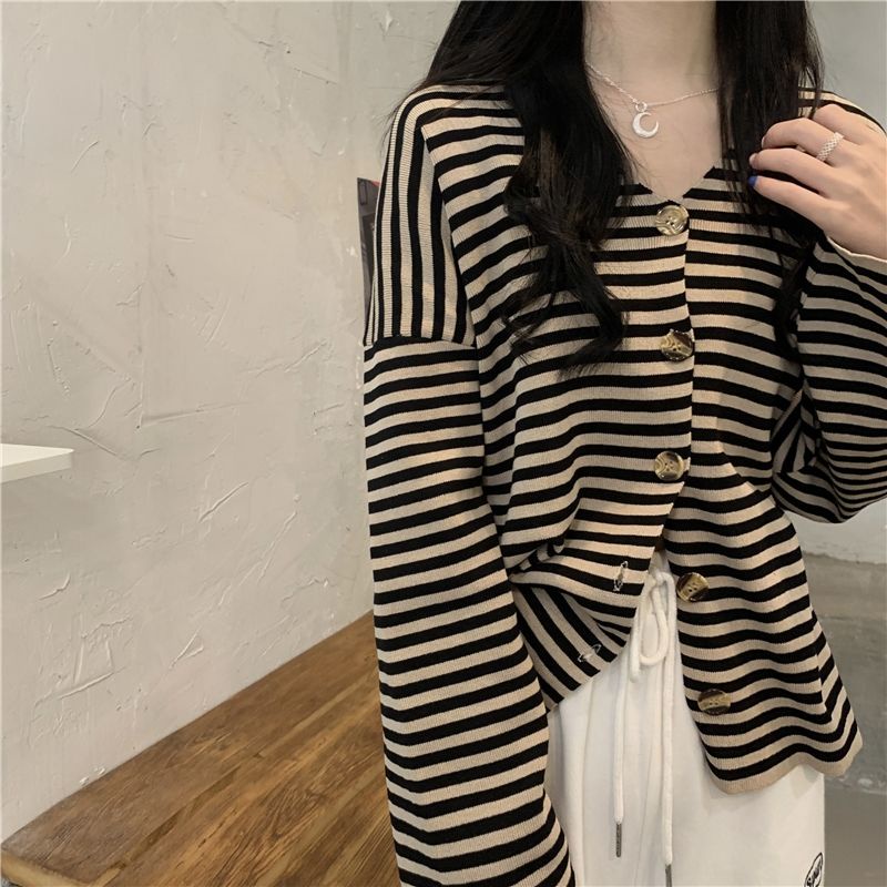 Áo khoác cardigan cổ chữ V tay dài họa tiết kẻ sọc thời trang