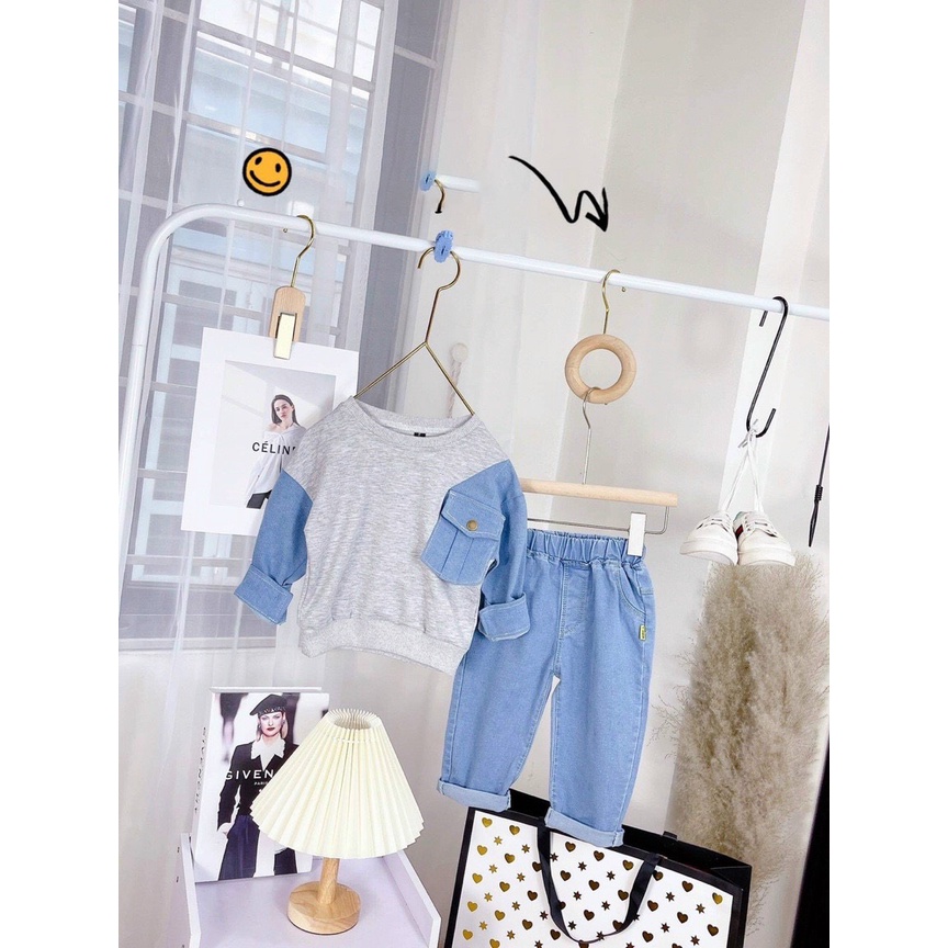 Bộ quần áo nỉ túi tay phối bò phong cách Hàn Quốc cho bé trai gái 10-25kg
