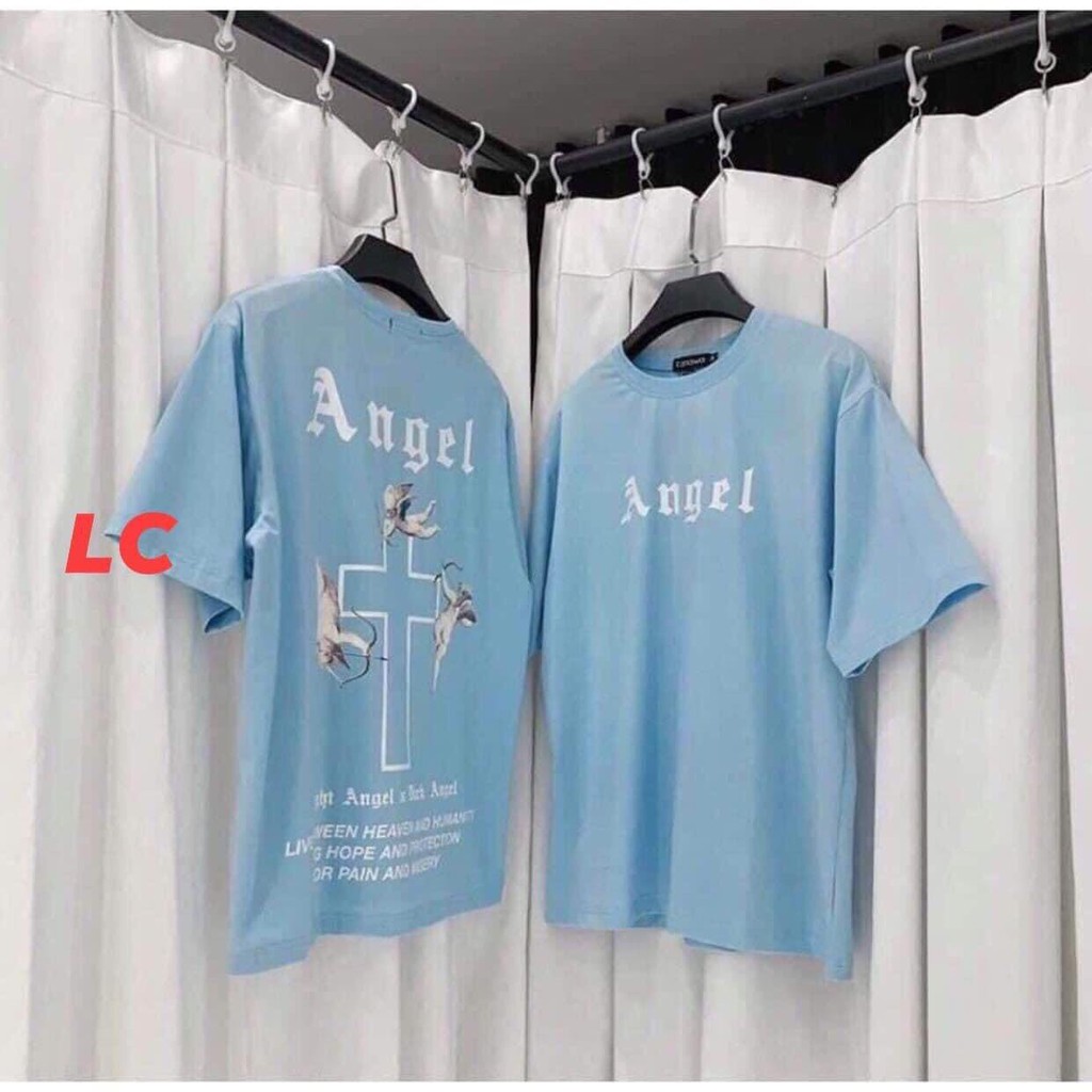 Áo phông unisex tay lỡ nam nữ ANGEL form rộng oversize, áo thun nam nữ tay lỡ basic xanh blue