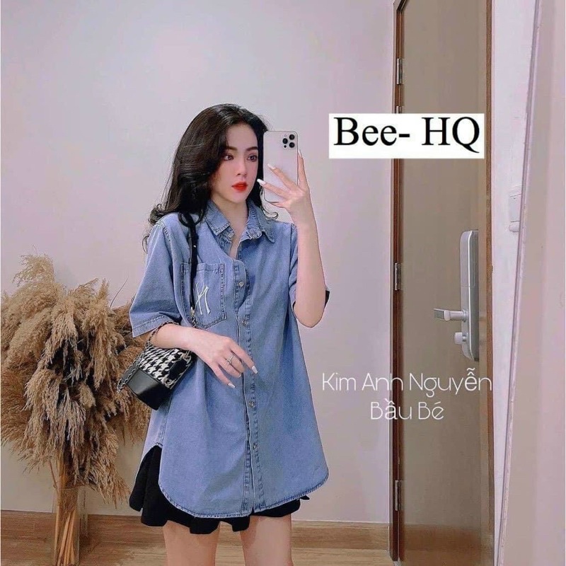 Áo sơ mi jean thêu logo NY form rộng tay ngắn vạc bầu