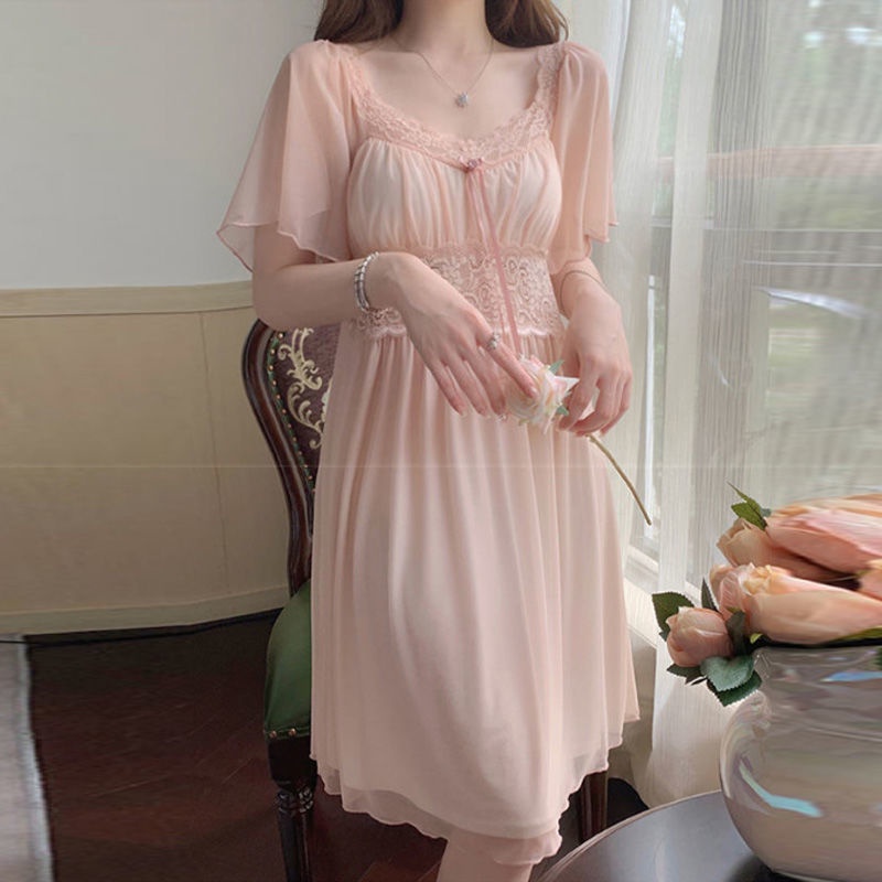 Đầm Ngủ Tay Ngắn Phối Lưới Có Đệm Ngực Thoải Mái Thời Trang Mùa Hè 2022 Phong Cách Mới Cho Nữ