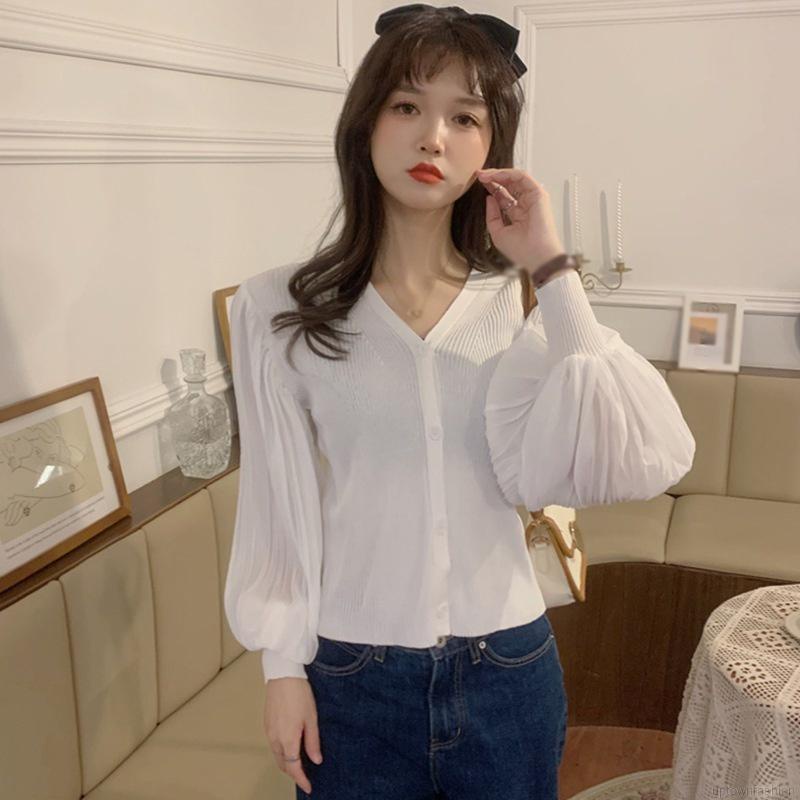 Áo kiểu cardigan dệt kim cổ V tay phồng cài nút thanh lịch thời trang xuân thu cho nữ