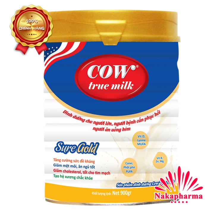 Sữa bột Cow True Milk SureGold 900g – Dinh dưỡng cho người lớn, người bệnh cần phục hồi, người ăn uống kém - Sure Gold