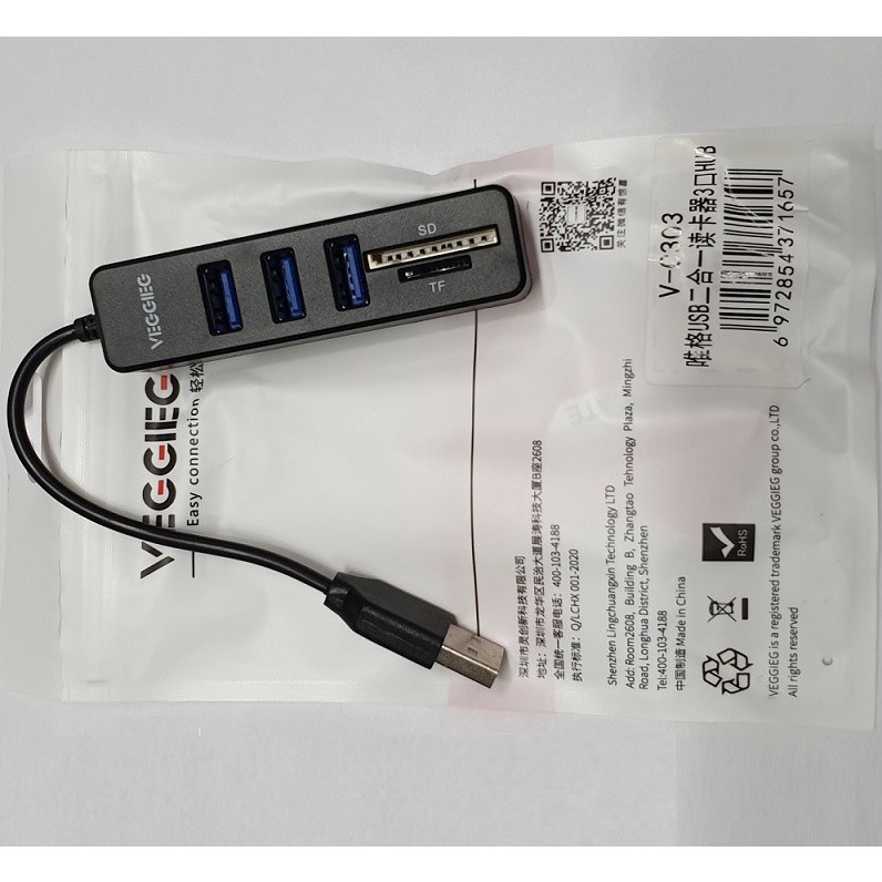 Hub VEGGIEG 5 in 1 Chia 3 Cổng Usb 2.0 Tích Hợp Đầu Đọc Thẻ Nhớ SD / TF