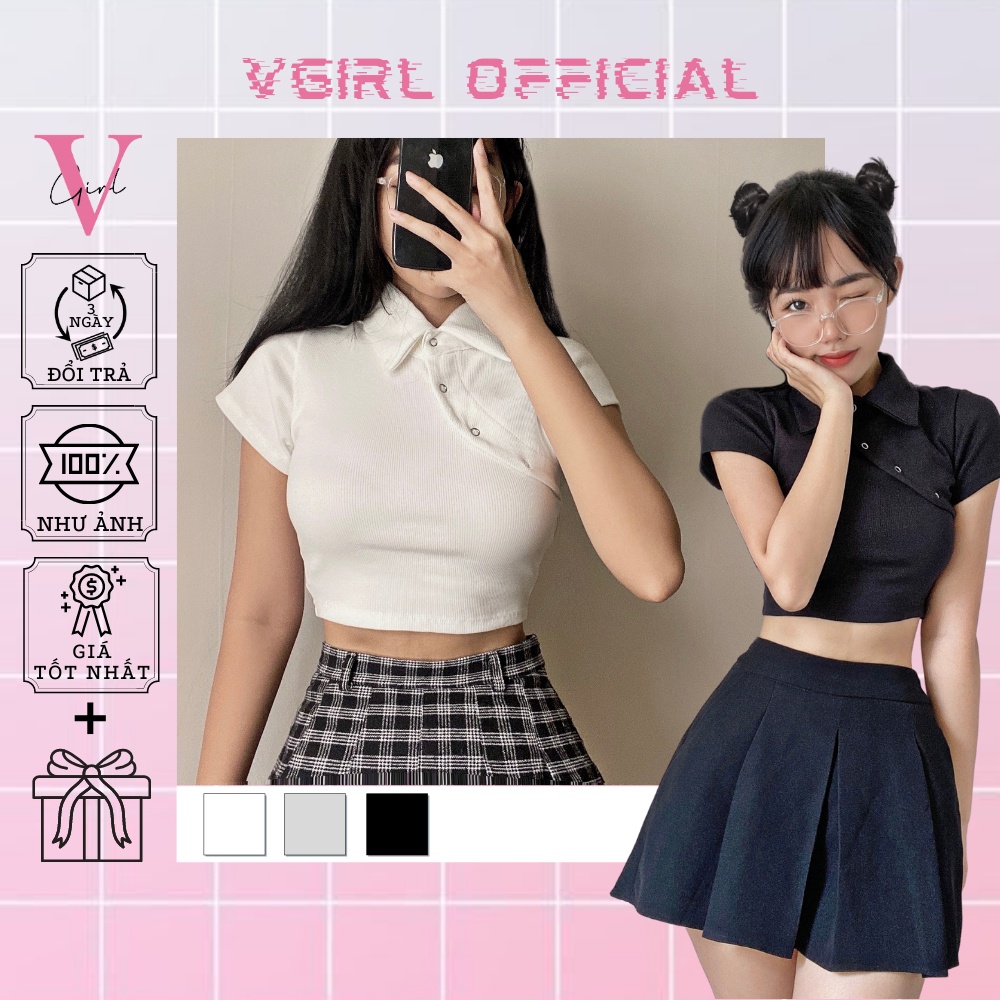 Áo croptop nữ VGIRL cổ polo nút bấm xéo độc lạ [ẢNH ĐỘC QUYỀN]