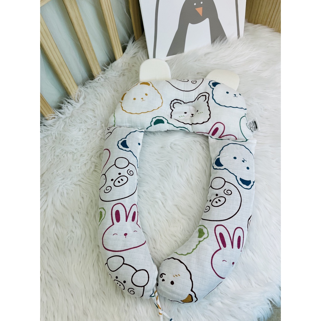 Gối chữ U cho bé MonMon vừa làm gối chống bẹp đầu gối ôm gối chặn cho bé ngủ ngon chống giật mình