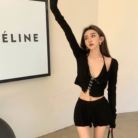 Bộ Áo Khoác Cardigan Dài Tay + Quần Short Lưng Cao Ống Rộng Thời Trang Thu Đông Hàn Quốc Mới