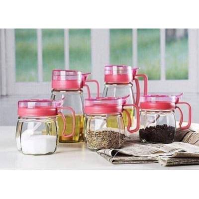 Set 5 Hũ Thủy Tinh Đựng Gia Vị Nắp Hồng, Có Tay Cầm Tiện Dụng