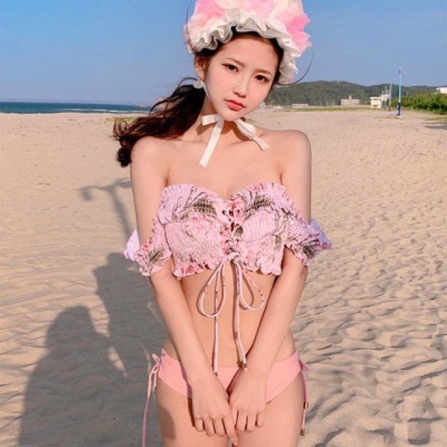[BKN292] &lt;HÀN&gt; SET BIKINI HỒNG TRỄ VAI KIỂU HÀN