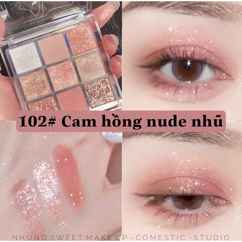 Bảng mắt đủ tông màu từ hồng nude nâu, nâu lạnh pha ánh rêu, nâu cà phê, tới color sắc màu  9 ô màu siêu nhỏ gọn