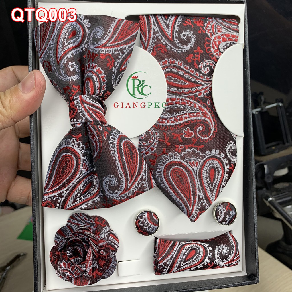 Set cà vạt họa tiết + măng séc + khăn cài áo sang trọng + nơ  họa tiết gấm trắng Giangpkc qtp001