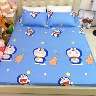 Bộ ga và 2 vỏ gối cotton poly mẫu doraemon đánh đàn xanh