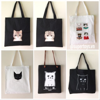 Túi Vải Đeo Vai Totebag Hình Mèo - Có Khoá Kéo