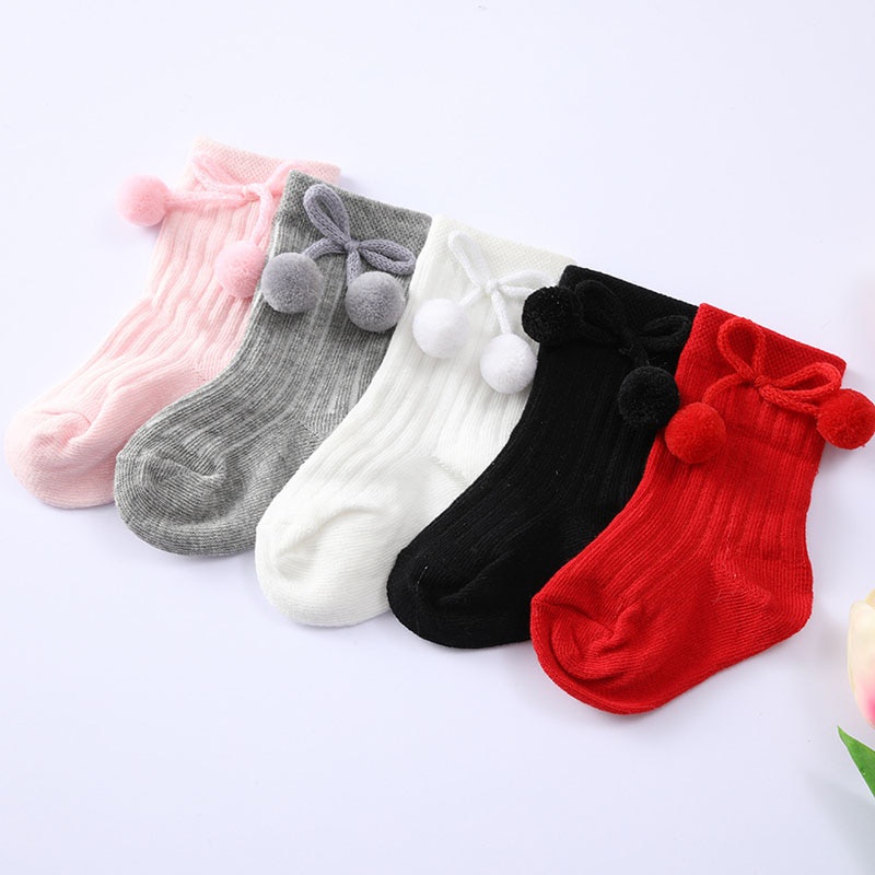 Vớ Cotton Mềm Giữ Ấm Mùa Đông Đính Nơ Và Bóng Lông Hoạt Hình Cho Bé Sơ Sinh