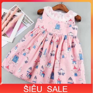 Đầm sát nách bé gái 2-8 tuổi cổ ren in hình, Váy hè cho bé vải thô thoáng mát