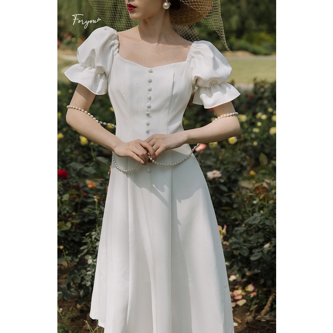 Jami Dress - Váy đầm trắng dáng dài FORYOU tay bồng đính cúc dọc, váy thiết kế xòe thanh lịch | BigBuy360 - bigbuy360.vn