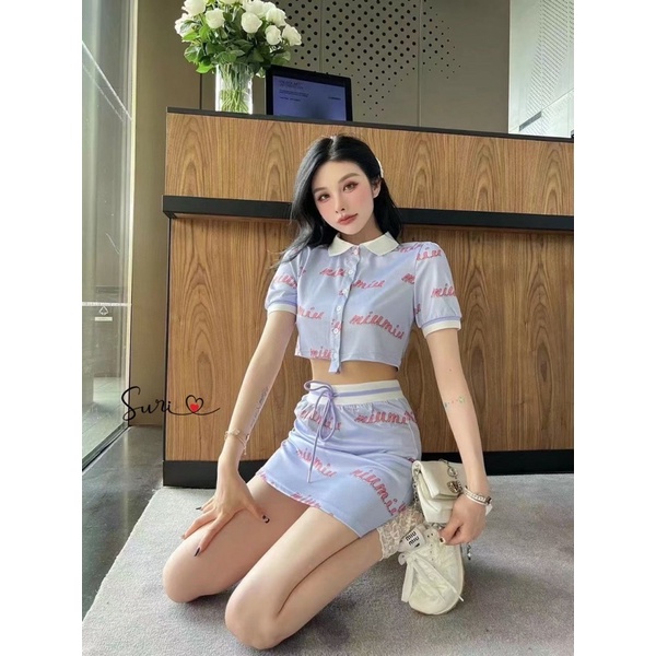 Set áo croptop cổ đức chân váy miu miu