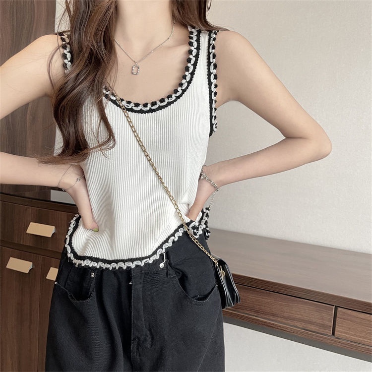 Áo IELGY dệt kim sát nách dáng rộng cổ chữ u màu tương phản thời trang cho nữ