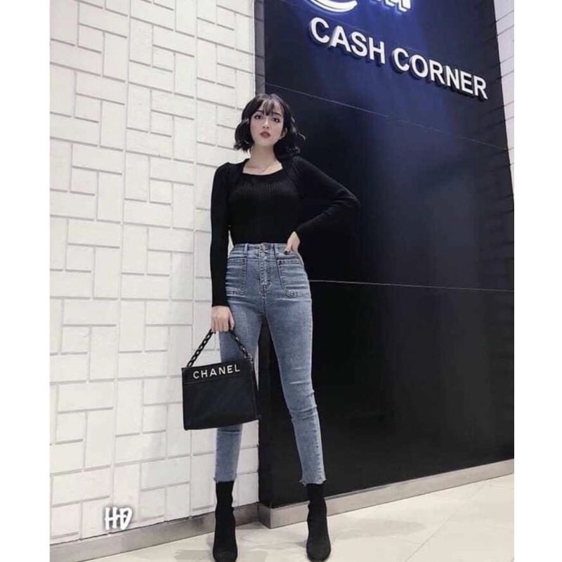 Quần jean nữ cạp cao túi vuông , Quần bò nữ lưng cao túi ống 2 khuy dáng ôm