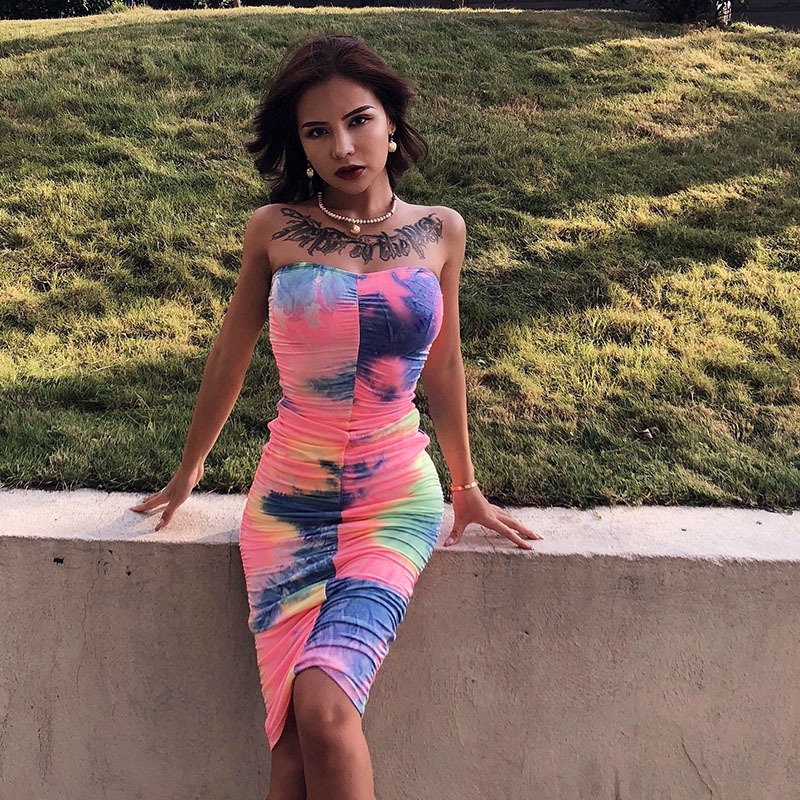 COD Sexy Strapless Muliticolor Print Slim Dress Women Sleeveless Bodycon Midi Dress | BigBuy360 - bigbuy360.vn