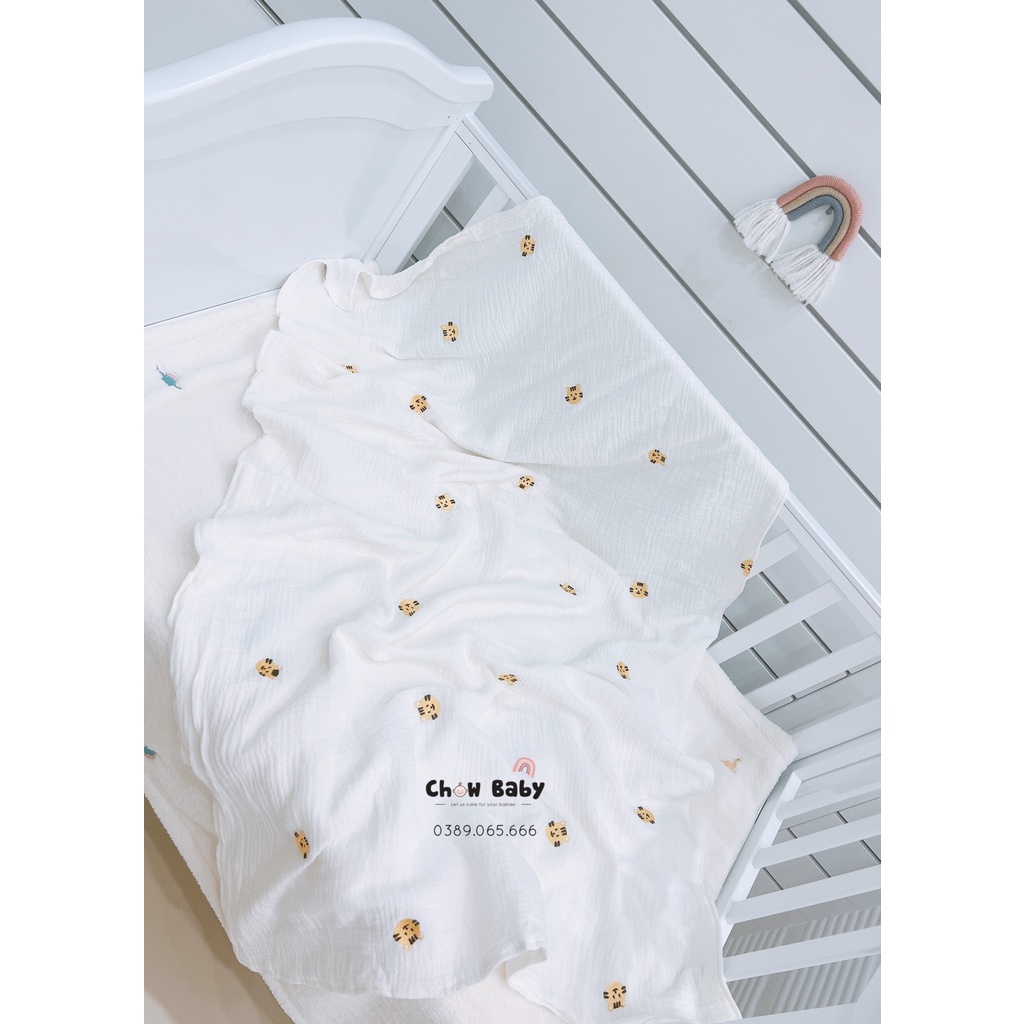 Chăn gạc vải xô 4 lớp kháng khuẩn cho bé thêu hình