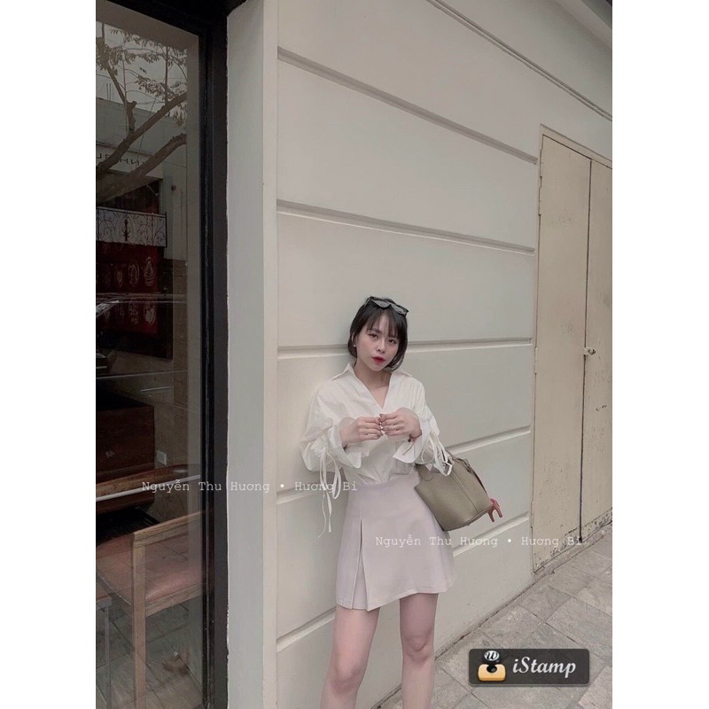 Áo sơ mi trắng tay loe cổ chữ V thời trang nữ Hàn Quốc