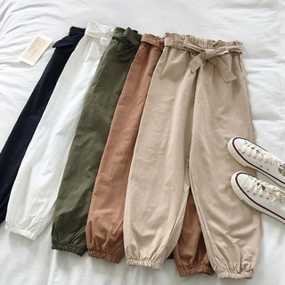 Women Harem Pants Mid Waist Elastic Drawstring Solid Color Straight Casual Long Nine Pants