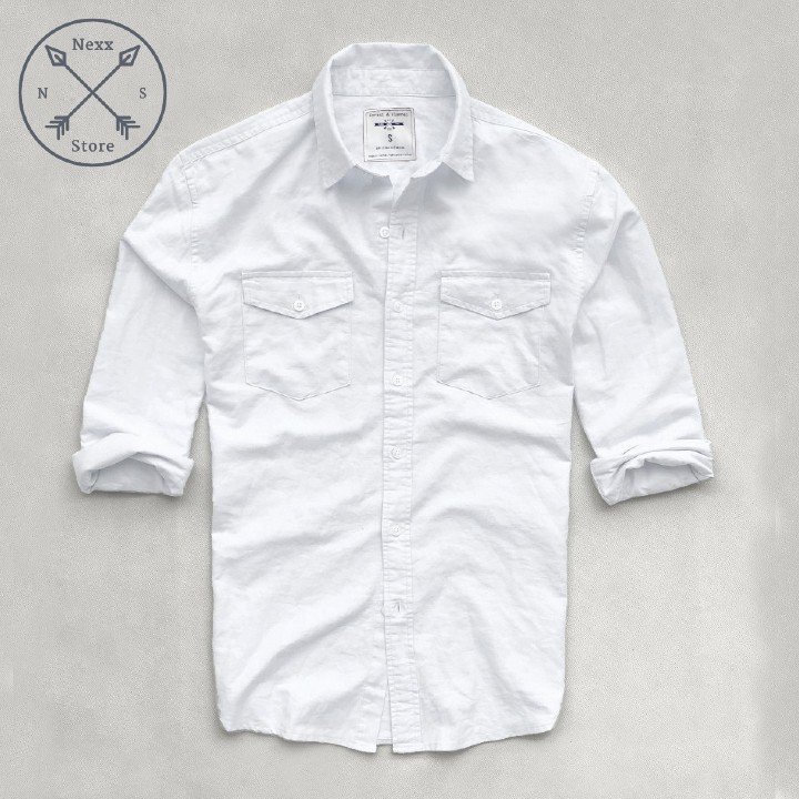 Áo sơ mi nam tay dài Nexx&Dee trắng hai túi công sở vải oxford denim jean cao cấp NS012