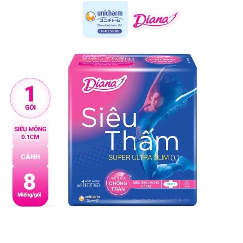 Băng vệ sinh Diana Siêu Thấm Siêu Siêu Mỏng 0.1cm có cánh 23cm (8 miếng)