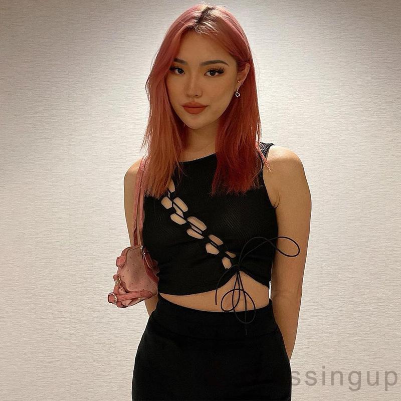 Áo không tay dáng ôm thiết kế khoét rỗng đan dây cá tính cho nữ
