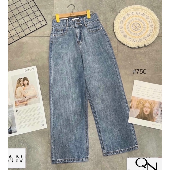 Quần bò suông 2 cúc cạp cao