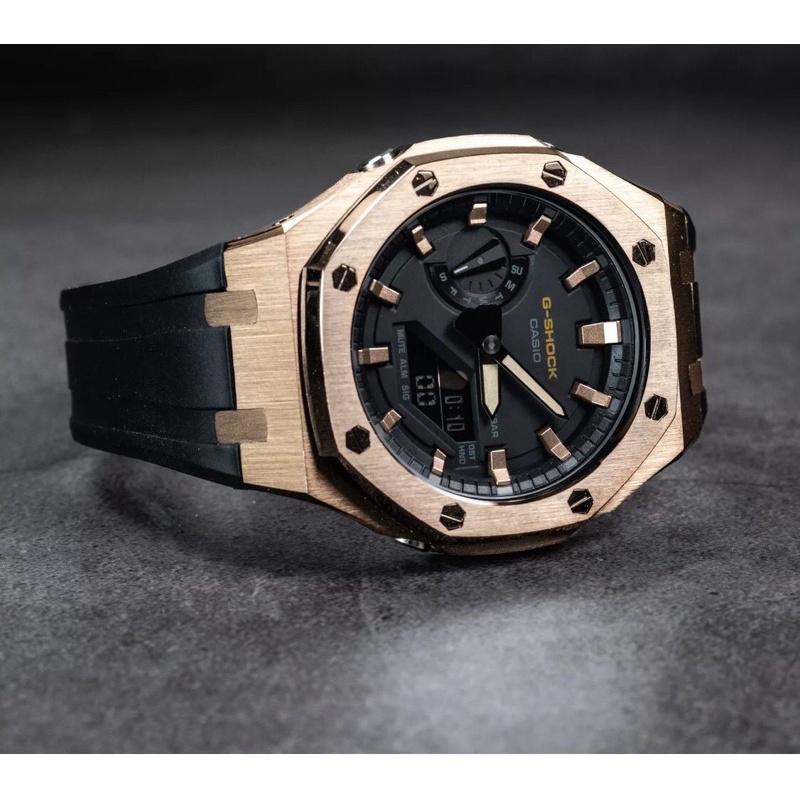 Đồng hồ nam casio G-shock GA-2100-9a custom viền thép vàng hồng dây cao su đen cọc số vàng hồng