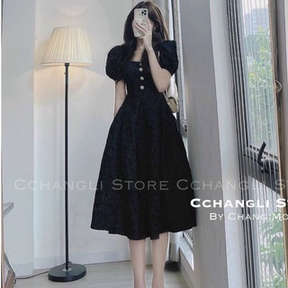 Đầm tay phồng đính cúc đầm gấm dự tiệc sang chảnh đầm váy nữ phong cách tiểu thư sang chảnh dễ thương