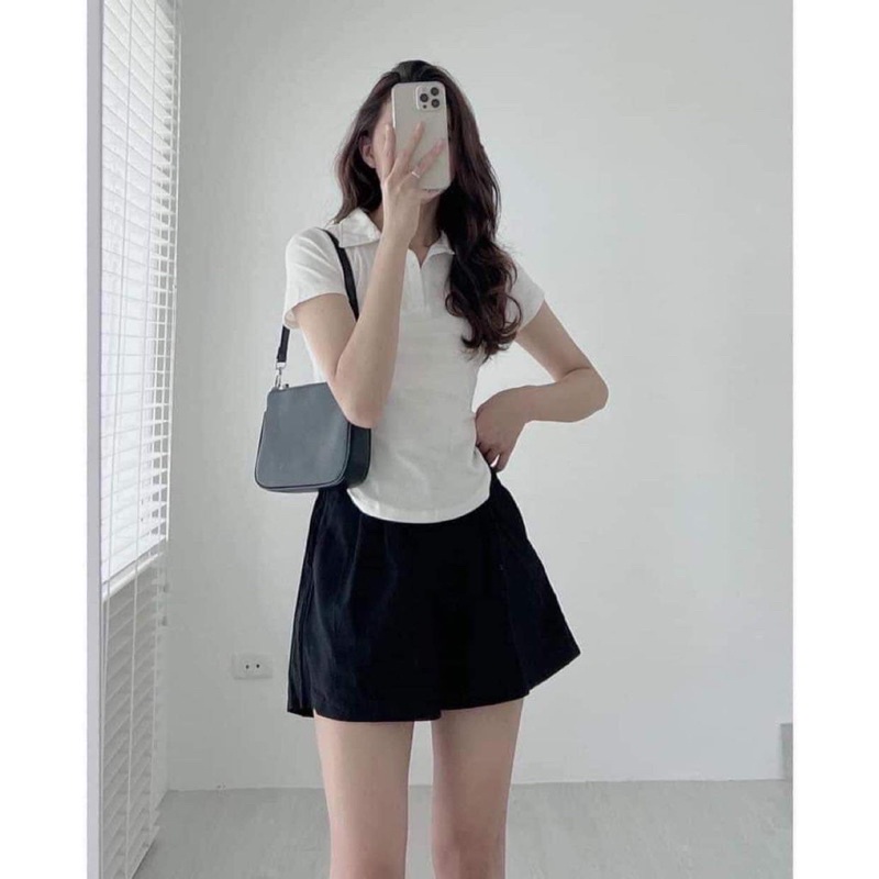 Áo Polo Croptop Nữ Vạt Bầu Cồ Bẻ Đen Trắng Tay Ngắn