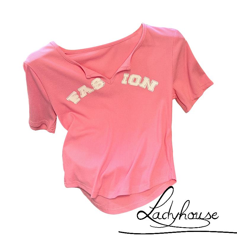 Áo Thun Ngắn Tay Cổ Chữ V In Chữ Đơn Giản Cho Nữ