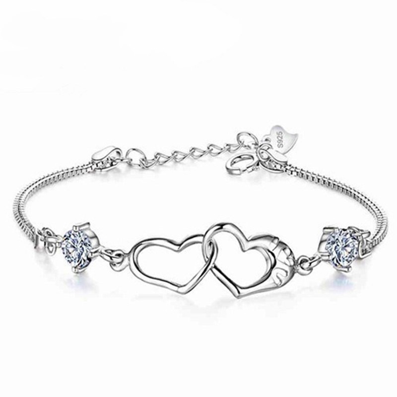 New Summer Style Romantic Double Heart Bracelet Women 925 Silver Wedding Crystal Bracelets Pulseras Fine Jewelry