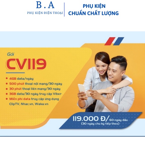 Sim 4G CV119 Mobifone 4G/ngày, free 500 phút nội mạng,30 phút liên mạng, 2 tháng không cần nạp tiền