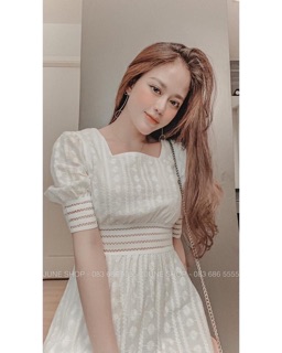Váy trắng cổ vuông tiểu thư