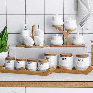 Sét 4 hũ đựng gia vị Sứ nắp gỗ kèm Khay gỗ tre, Hàng xuất châu Âu