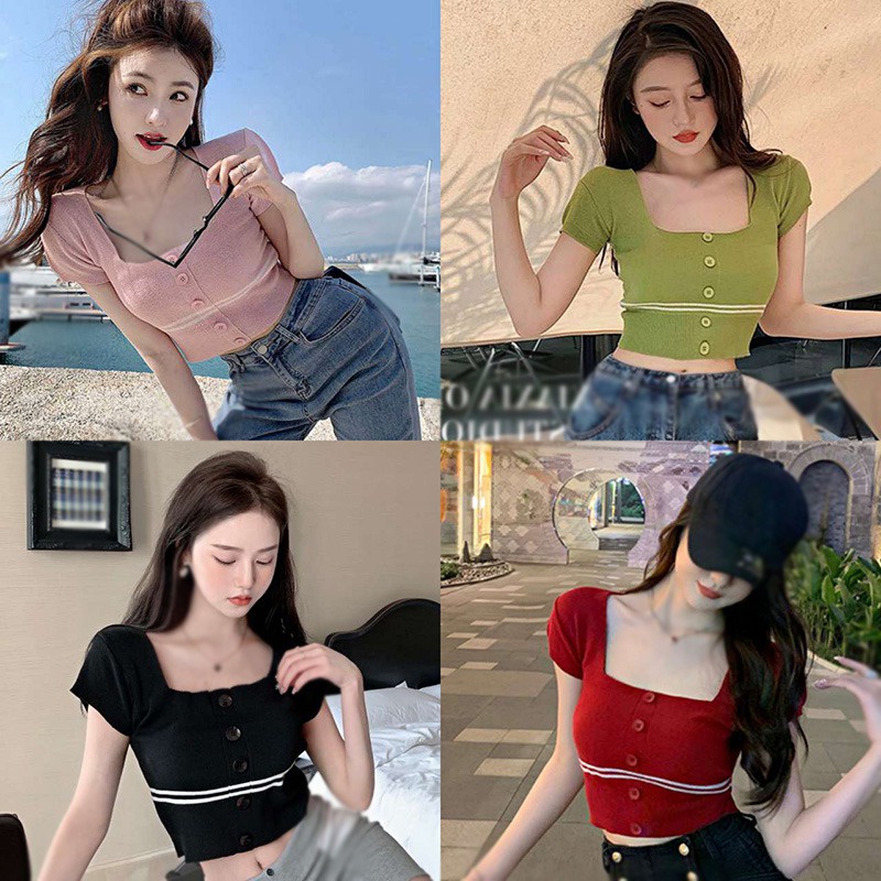 Áo Croptop Dệt Kim Tay Ngắn Cổ Vuông Họa Tiết Kẻ Sọc Thời Trang Mùa Hè Xinh Xắn Cho Nữ