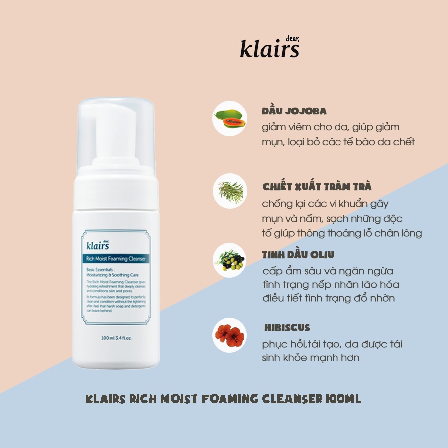 [CHÍNH HÃNG] Sữa Rửa Mặt Tạo Bọt, Dưỡng Ẩm, Làm Mềm Da Klairs Rich Moist Foaming Cleanser 100ml