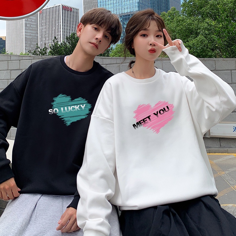 Áo đôi trái tim Miss You - So Lucky form rộng Unisex, áo đôi Sweater nỉ bông dày ấm áp