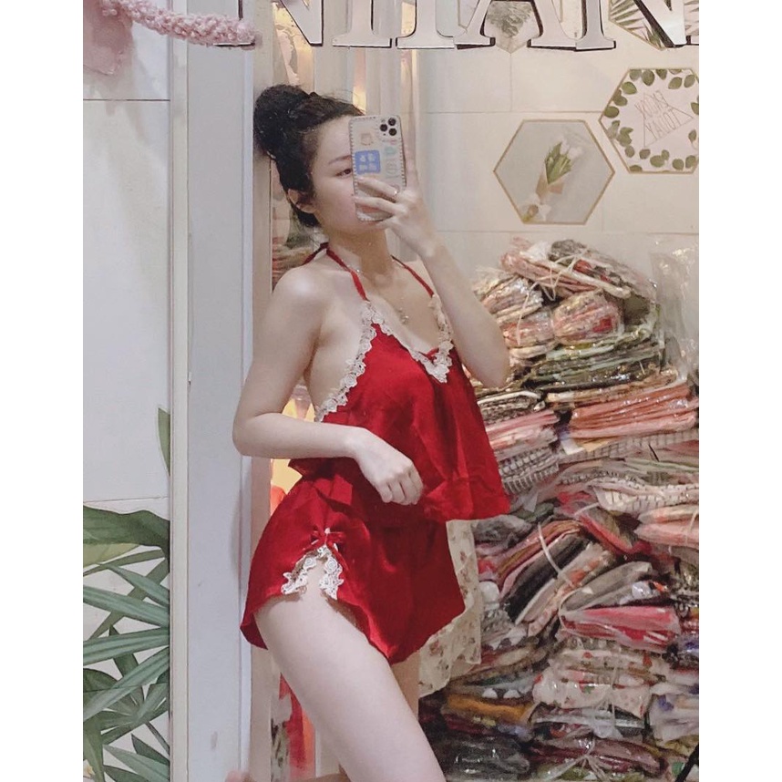 Set yếm ren hoa cho nữ mặc ngủ, áo phối ren siêu xinh, quần xẻ phối ren hai bên siêu gợi cảm