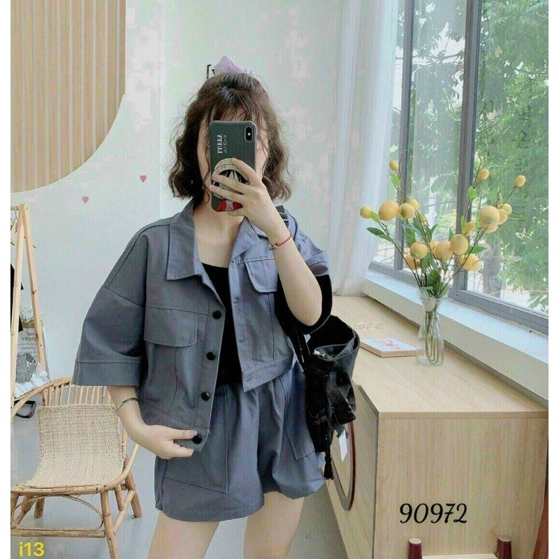 set 3 món áo vest croptop và quần short kèm áo 3 lỗ túi bản lớn