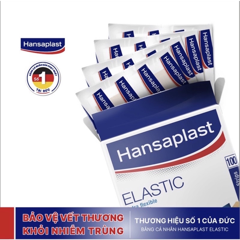 Băng cá nhân Hansaplast Elastic gói 100 miếng, bằng vải co giãn và cực kỳ thoáng khí