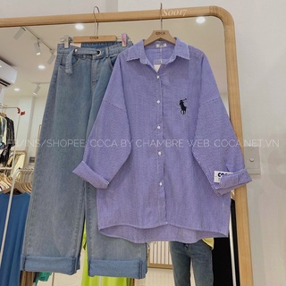 [S0017]🍭 Áo sơ mi kẻ form oversize thêu hình vải mỏng mát (Có sẵn/ảnh thật)